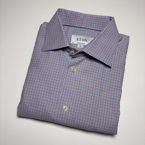 Eton Contemporary Fit Dress Shirt Mens XL 43/17 Blue Orange Micro Check Formal - Picture 2 of 7